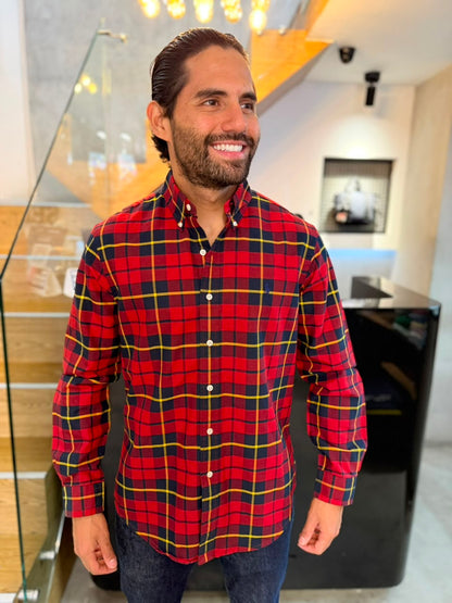 Camisa Polo R.L hombre Oxford Cuadros Rojos Con Amarillo Caballo Azul