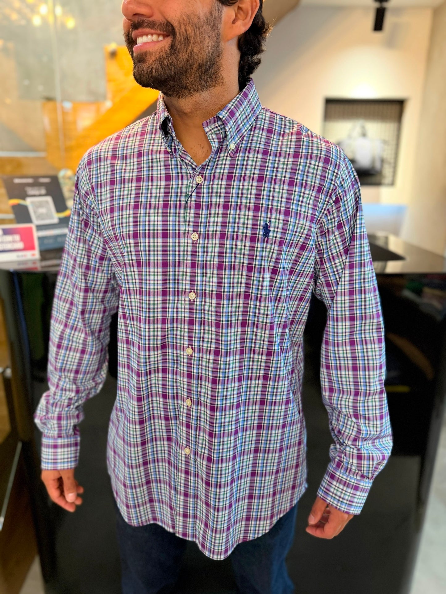 Camisa Polo R.L hombre Algodón Performance Cuadros Uva Con Verde Caballo Azul