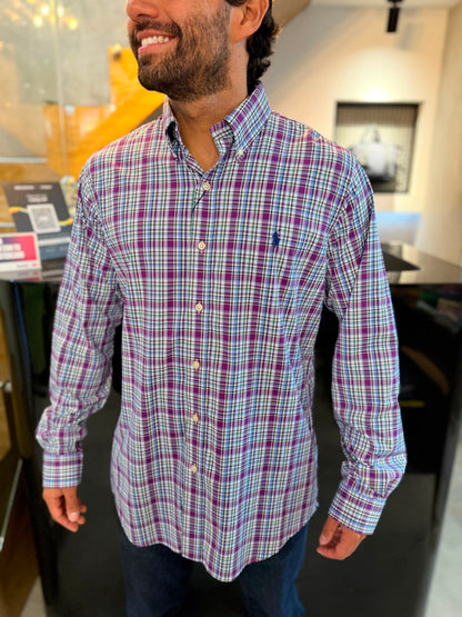 Camisa Polo R.L hombre Algodón Performance Cuadros Uva Con Verde Caballo Azul