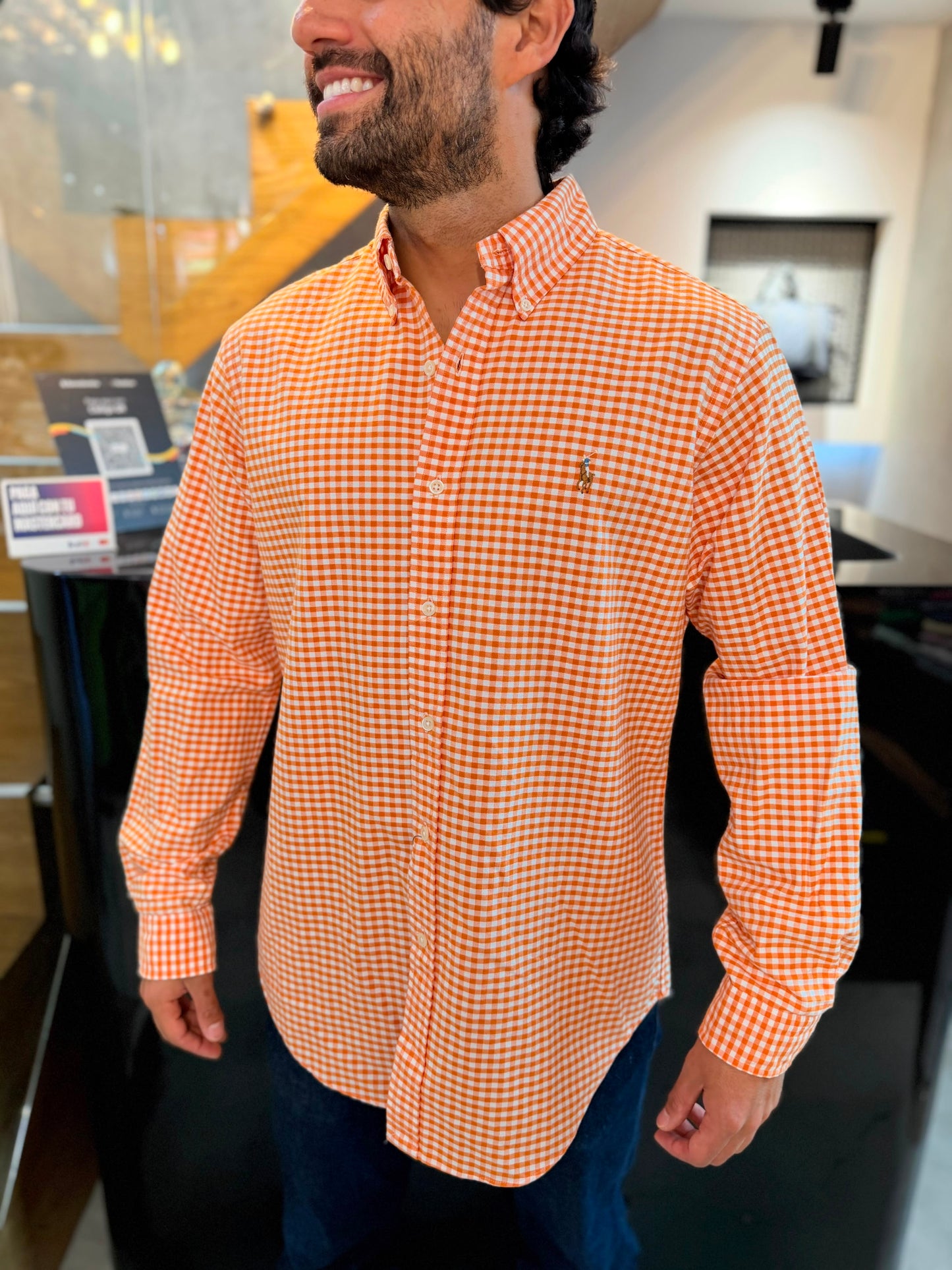 Camisa Polo R.L hombre Oxford Cuadros Naranjas Con Blanco Caballo Multicolor