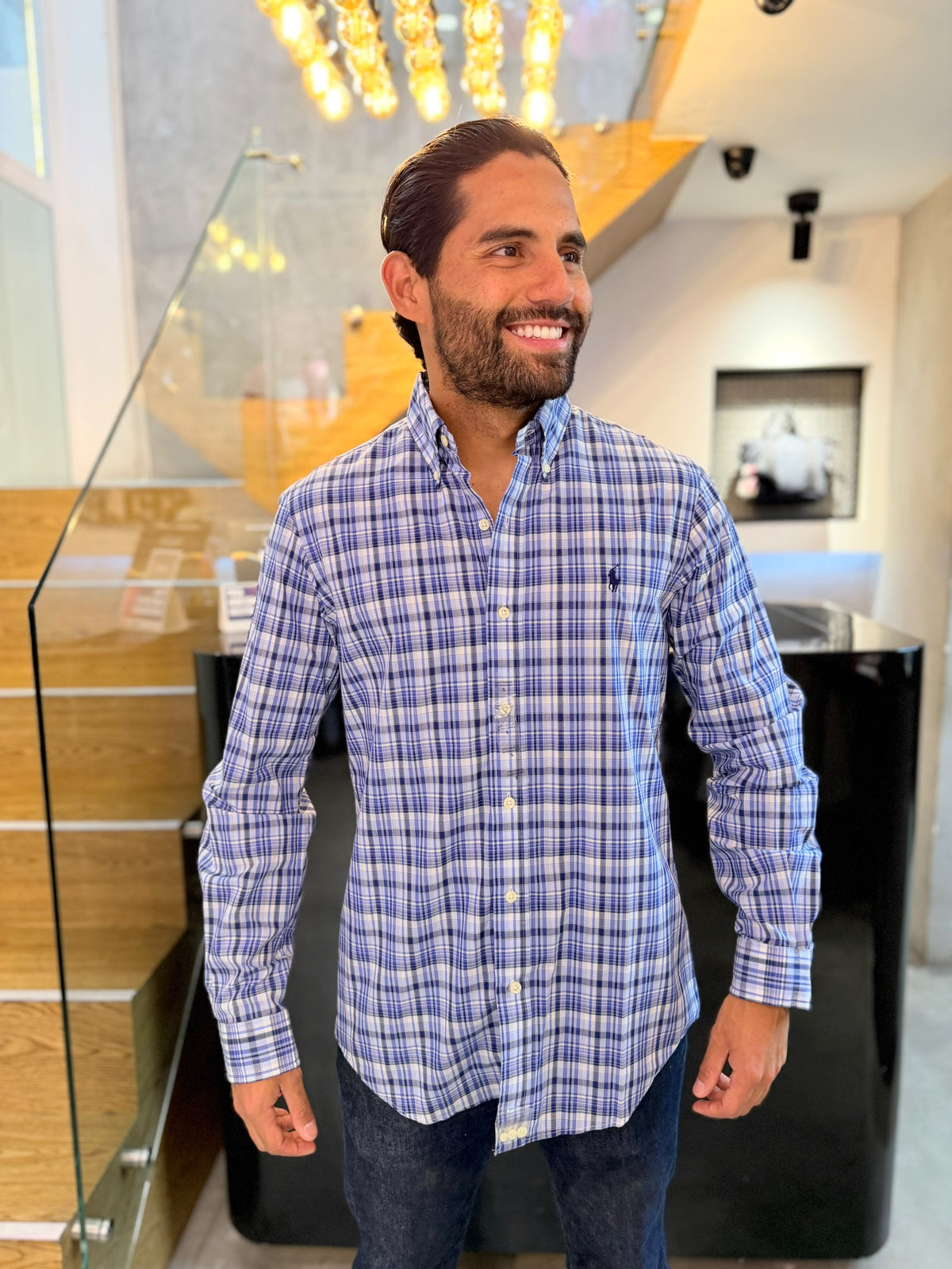 Camisa Polo R.L hombre Algodón Cuadros Azules Con Gris Caballo Azul