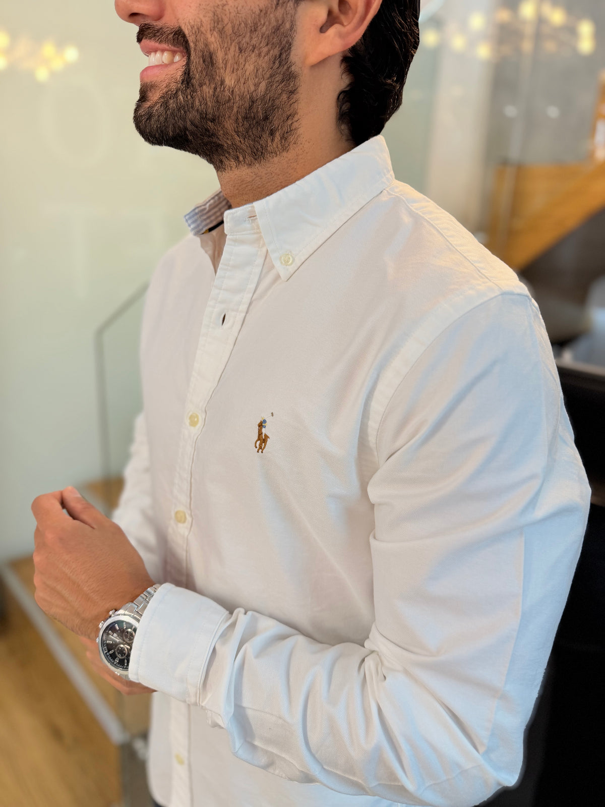 Camisa Polo R.L hombre Oxford Slim Fit Blanca Caballo Multicolor