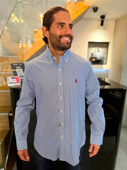 Camisa Polo R.L hombre Algodón Rayas Azules Con Blanco Caballo Rojo