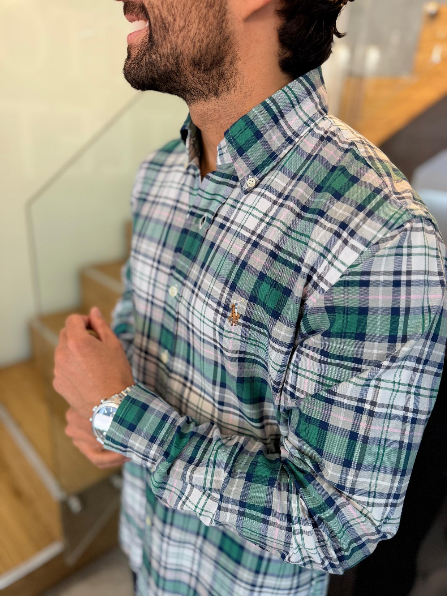 Camisa Polo R.L hombre Oxford Cuadros Verdes Caballo Multicolor
