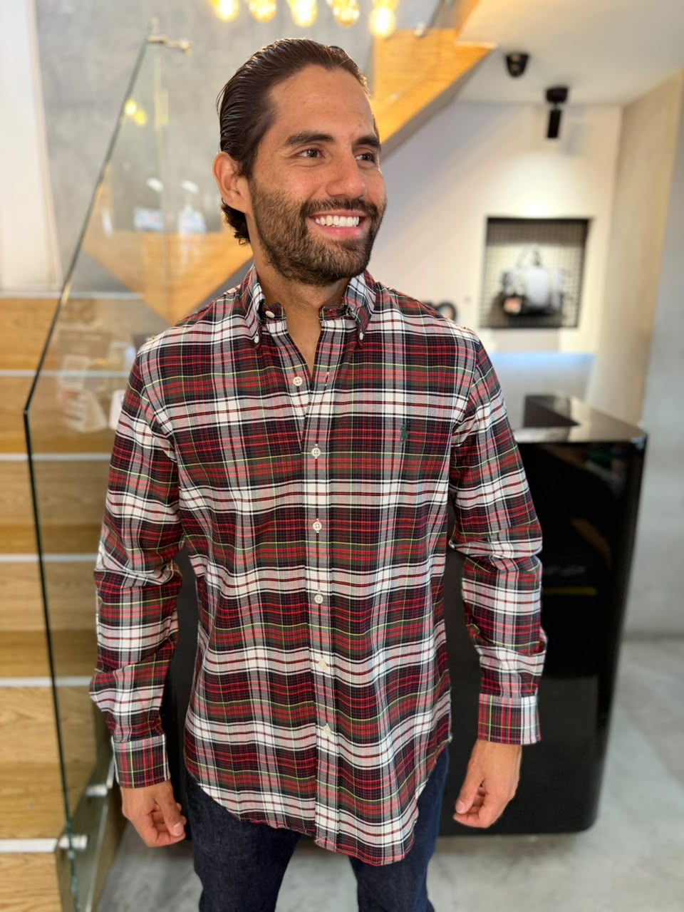 Camisa Polo R.L hombre Oxford Cuadros Rojos con Blanco Caballo Verde