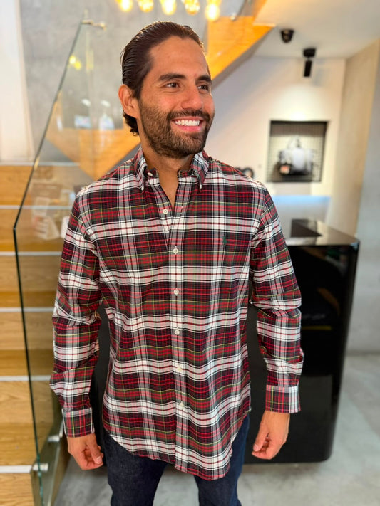 Camisa Polo R.L hombre Oxford Cuadros Rojos con Blanco Caballo Verde