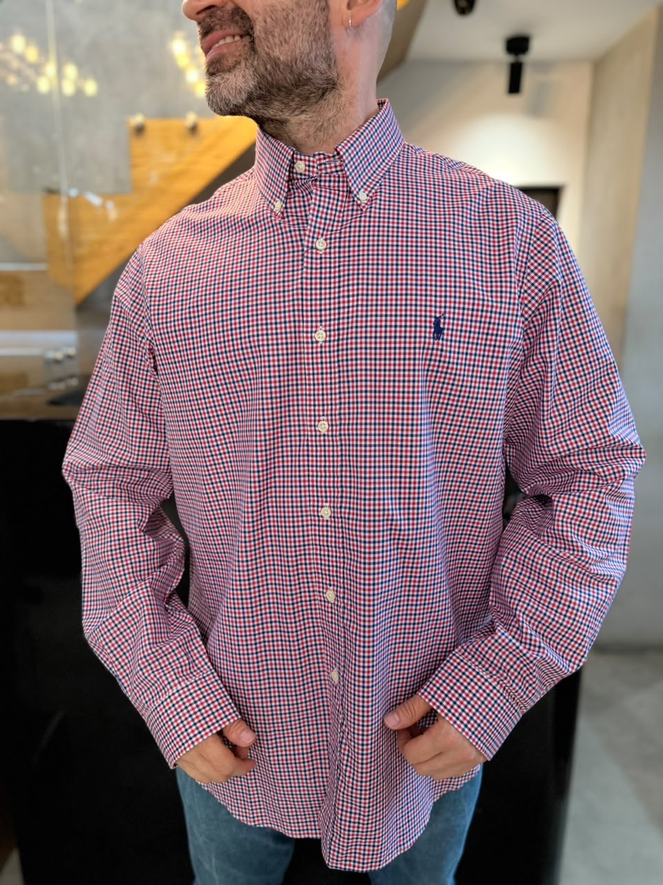 Camisa Polo R.L hombre Algodón Cuadros Rojos Con Azul Caballo Azul