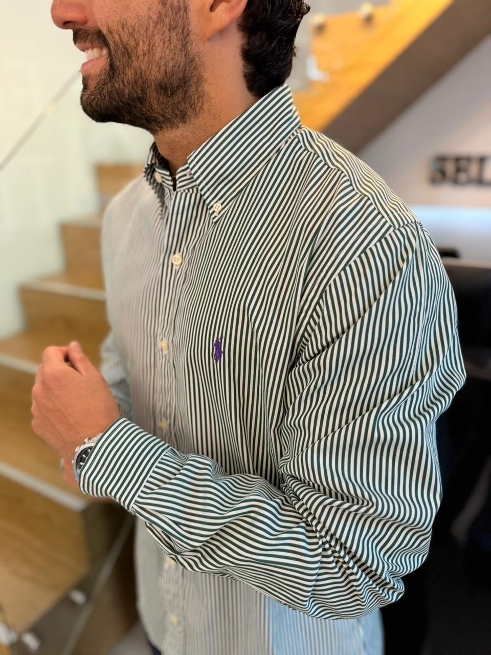 Camisa Polo R.L hombre Custom Fit Algodón Rayas Verdes Caballo morado