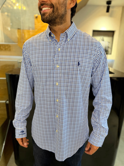Camisa Polo R.L hombre Performance Cuadros Azules Con Blanco Caballo Azul
