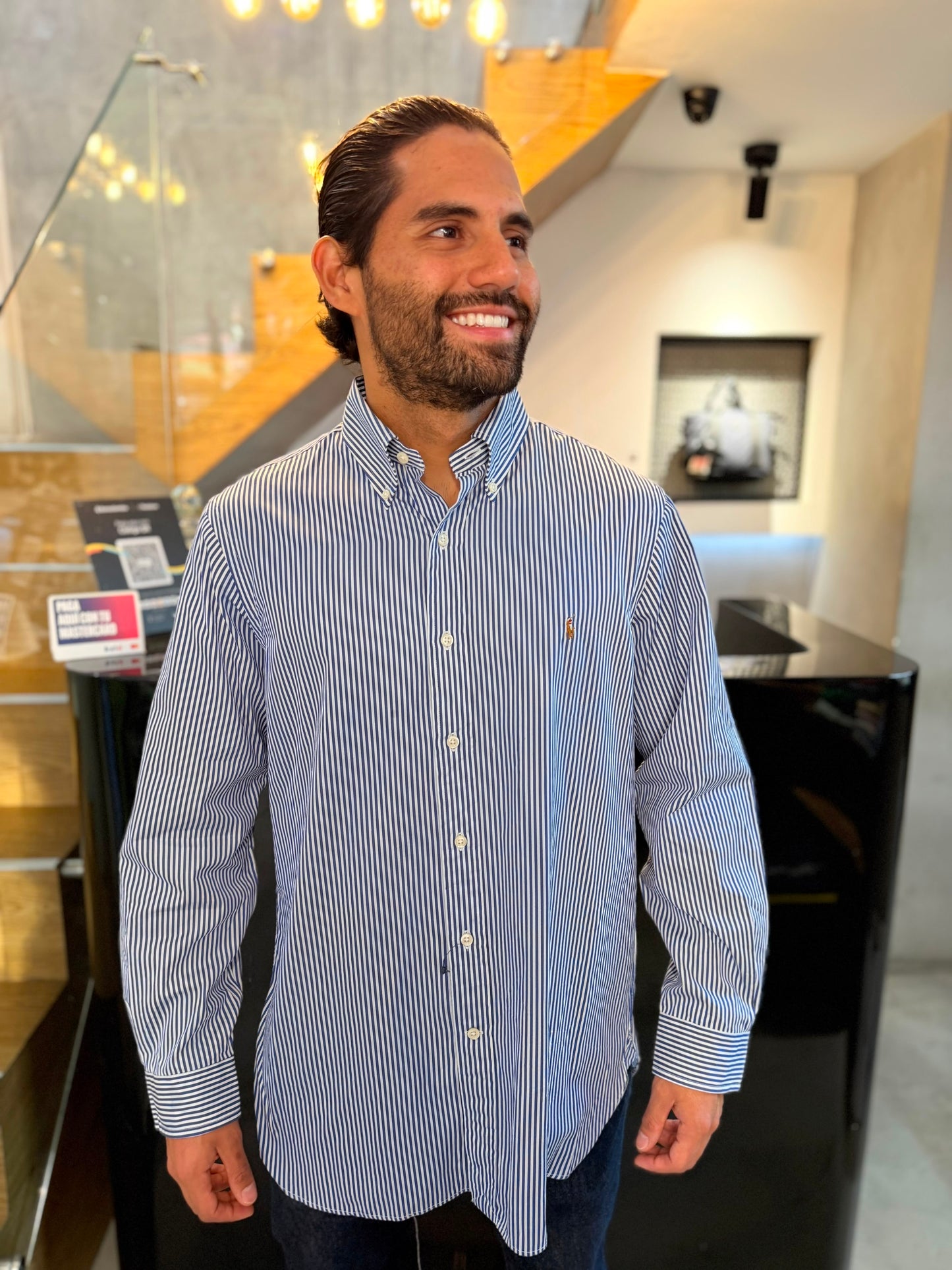 Camisa Polo R.L hombre Algodón Rayas Azules Con Blanco Caballo Multicolor
