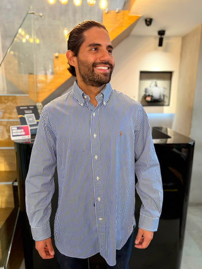 Camisa Polo R.L hombre Algodón Rayas Azules Con Blanco Caballo Multicolor