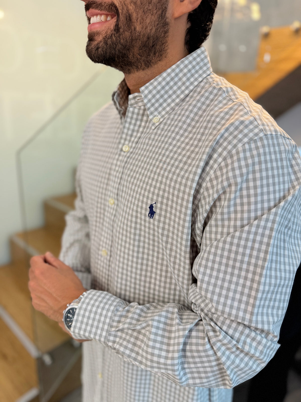Camisa Polo R.L hombre Algodón Cuadros Grises Con Blanco Caballo Azul