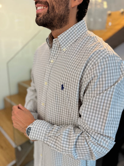 Camisa Polo R.L hombre Algodón Cuadros Grises Con Blanco Caballo Azul