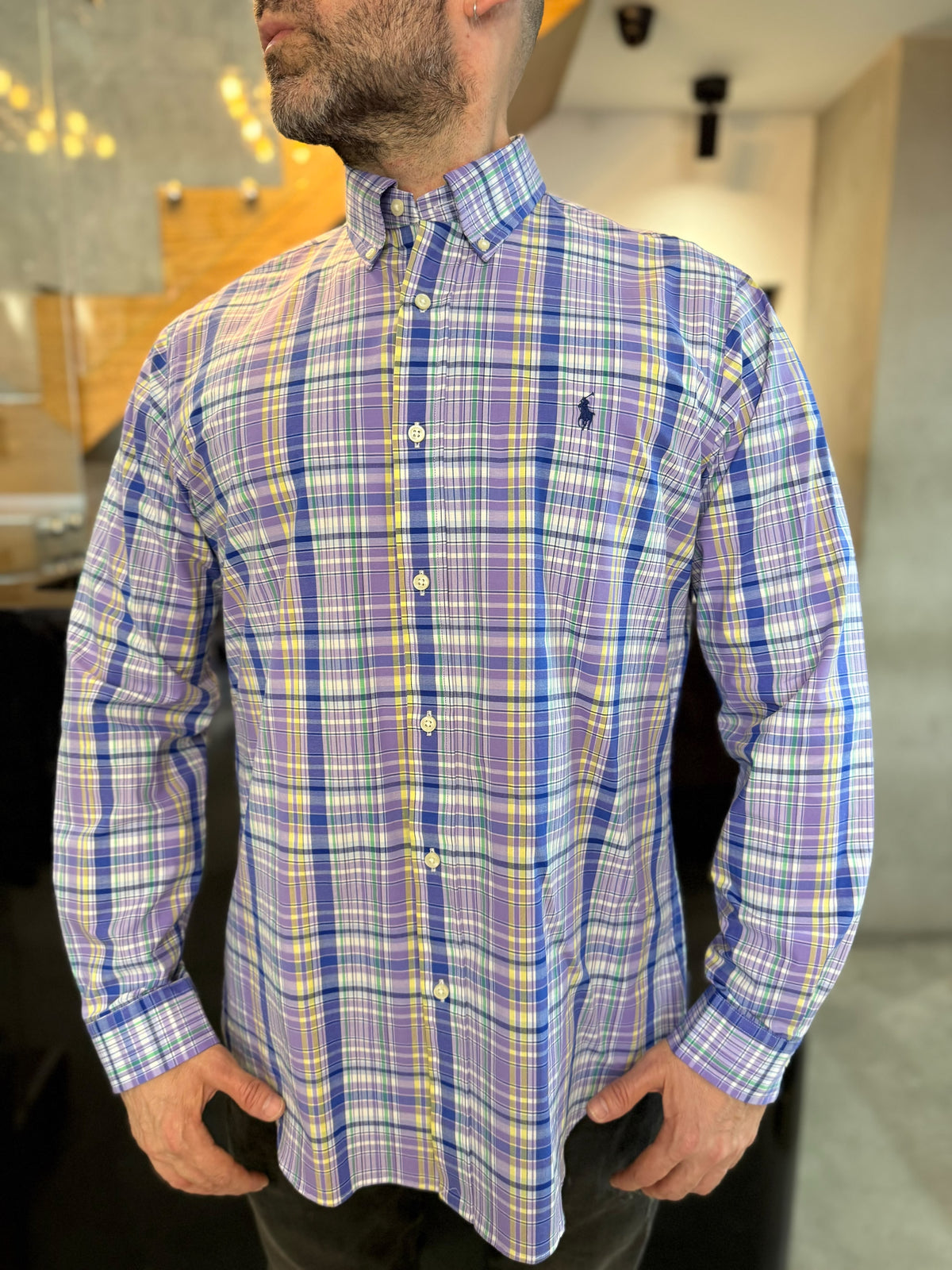 Camisa Polo R.L hombre Algodón Cuadros Lilas Con Azul Caballo Azul