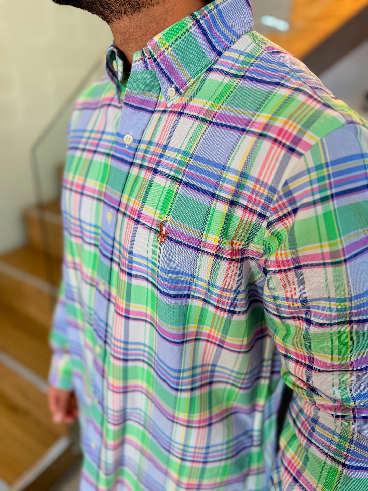 Camisa Polo R.L hombre Oxford Cuadros Verdes Con Azul Caballo Multicolor