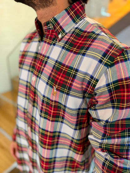 Camisa Polo R.L hombre Oxford Cuadros Rojos Con Blanco Caballo Multicolor