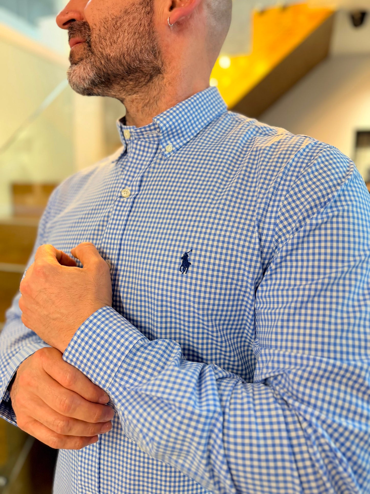 Camisa Polo R.L hombre Algodón Slim Fit Cuadros Celestes Con Blanco Caballo Azul