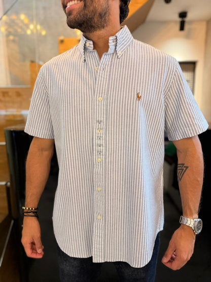 Camisa Polo R.L hombre Manga Corta Oxford Rayas Azules Caballo Multicolor