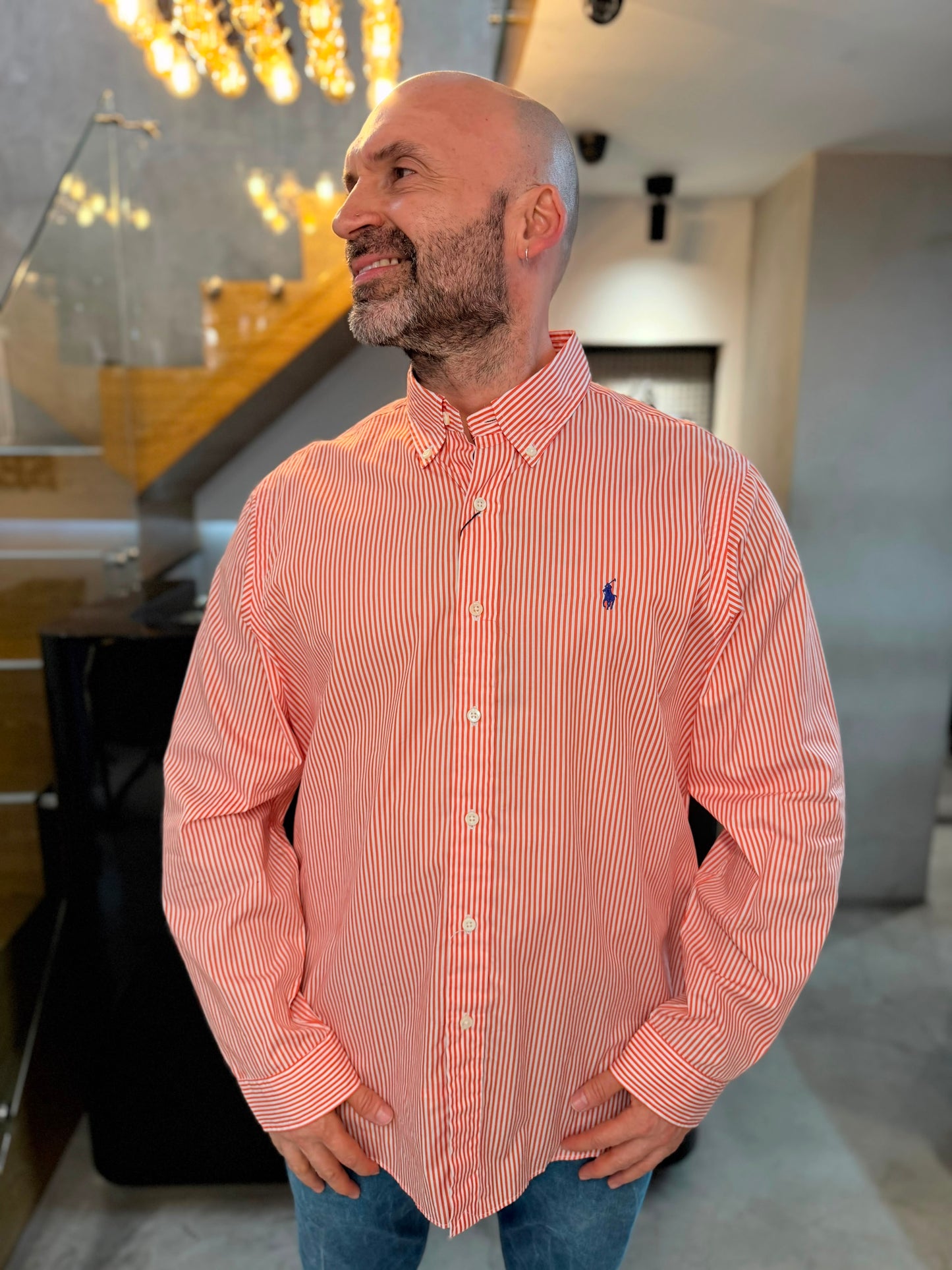 Camisa Polo R.L hombre Algodón Rayas Naranjas Con Blanco Caballo Azul