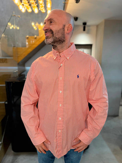 Camisa Polo R.L hombre Algodón Rayas Naranjas Con Blanco Caballo Azul