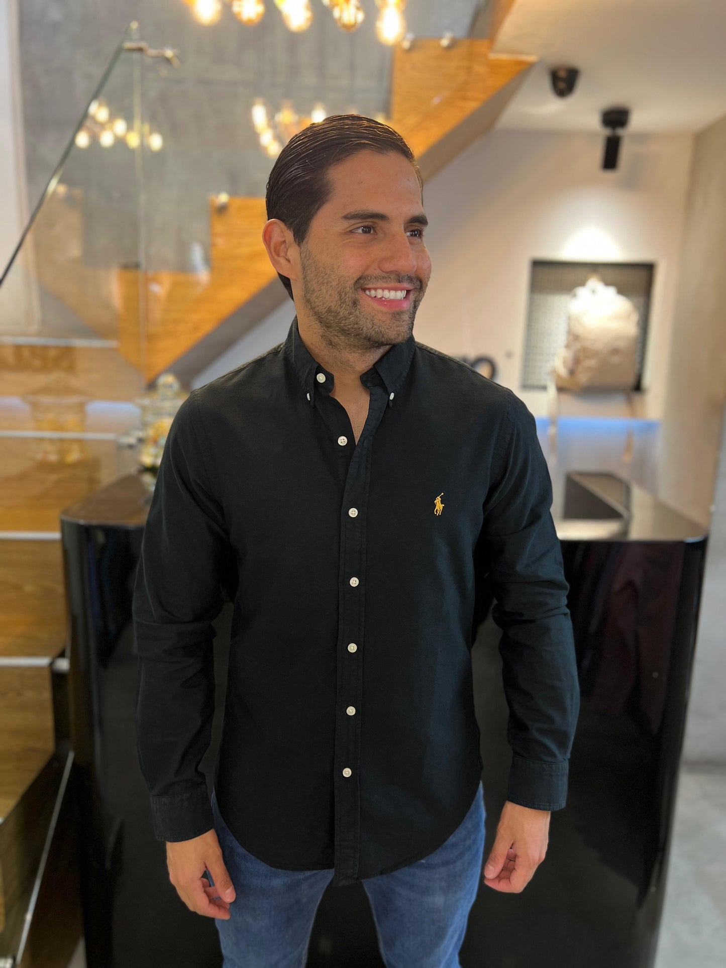 Camisa Polo R.L hombre Oxford Slim Fit Negra
