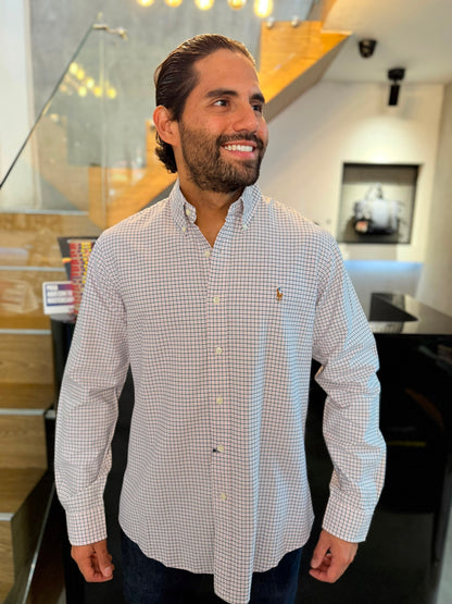 Camisa Polo R.L hombre Oxford Custom Fit Cuadros Blancos Con Rosa Caballo Multicolor
