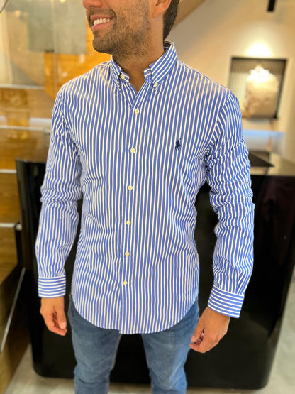 Camisa Polo R.L hombre Algodón Slim Fit Rayas Celestes