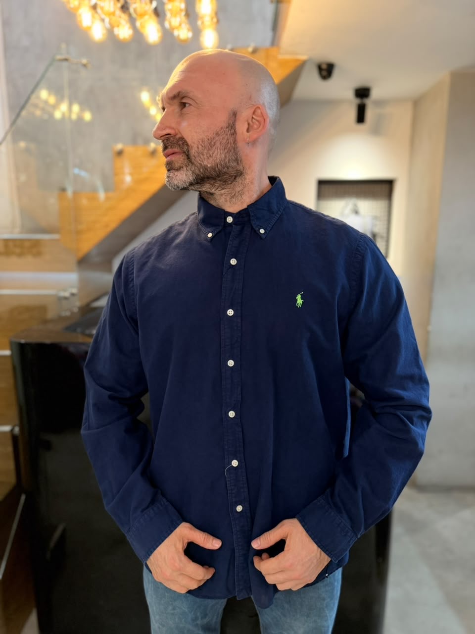 Camisa Polo R.L hombre Oxford  Azul Oscura Caballo Verde Neón