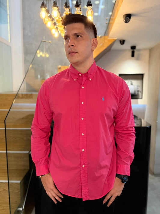 Camisa Polo R.L hombre  Algodón Custom Fit Fuscia Caballo Celeste