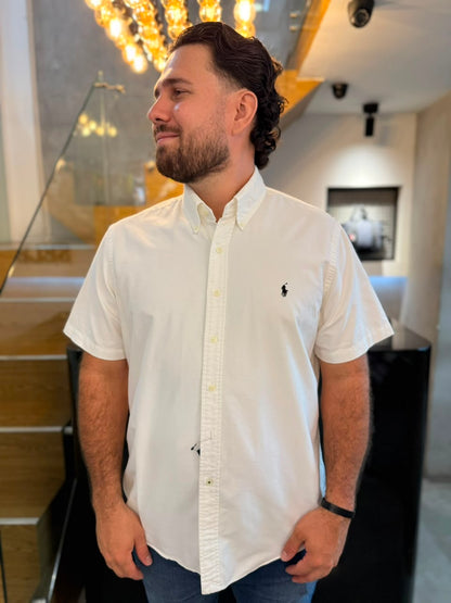 Camisa Polo R.L hombre Oxford Manga corta Blanca Caballo Negro