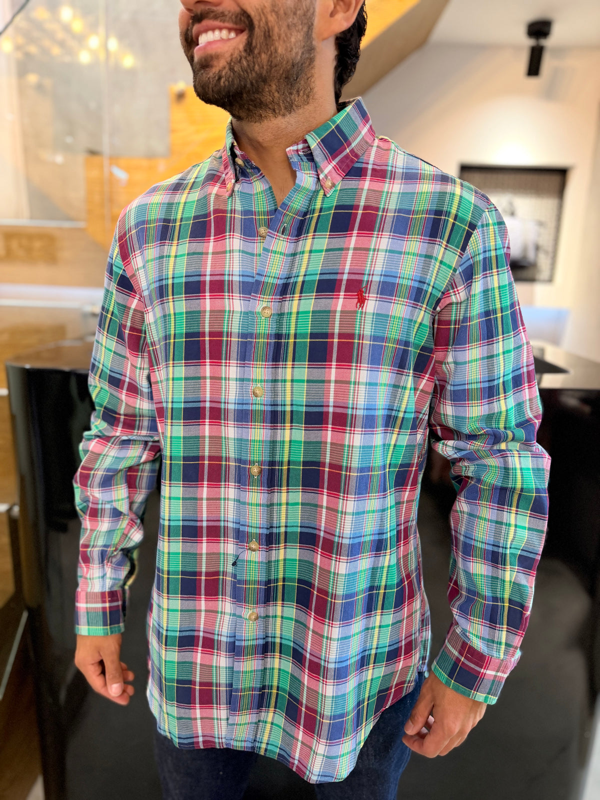 Camisa Polo R.L hombre Algodón Cuadros Rojos Con Verde Caballo Rojo