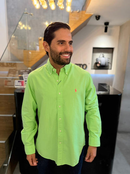 Camisa Polo R.L hombre Oxford Verde Neón Caballo Rosa Neón