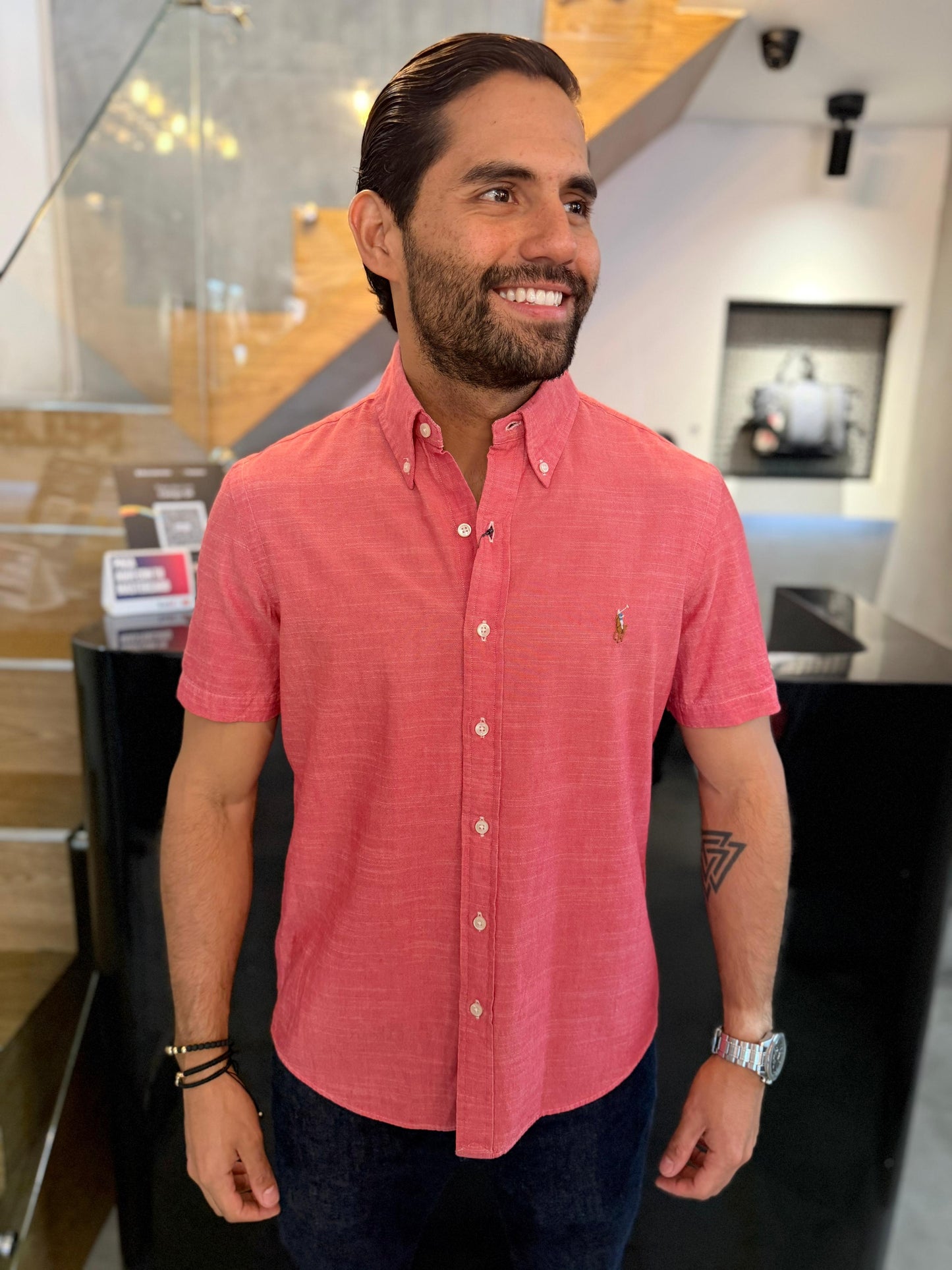 Camisa Polo R.L hombre Manga Corta Lino Coral Caballo Multicolor