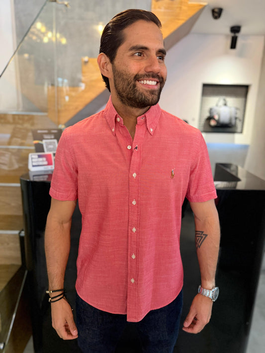 Camisa Polo R.L hombre Manga Corta Lino Coral Caballo Multicolor