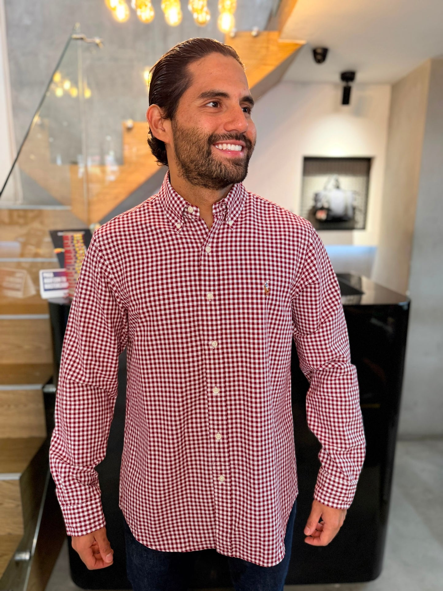 Camisa Polo R.L hombre Oxford Cuadros Rojos Con Blanco Caballo Multicolor