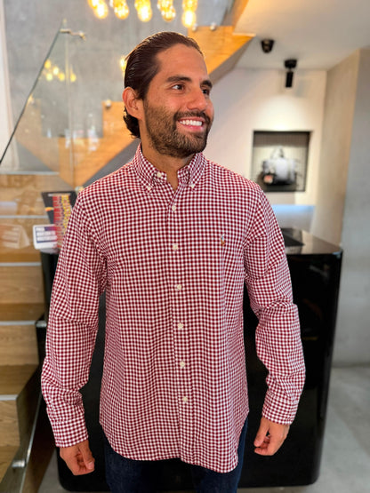 Camisa Polo R.L hombre Oxford Cuadros Rojos Con Blanco Caballo Multicolor