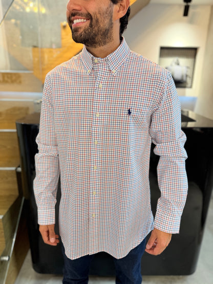 Camisa Polo R.L hombre Algodón Cuadros Blancos Caballo Azul