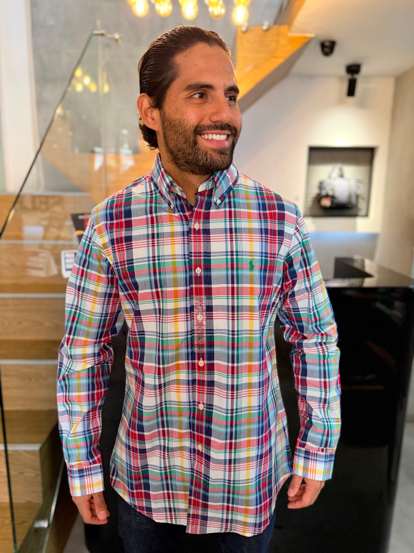 Camisa Polo R.L hombre Algodón Cuadros Caballo Verde