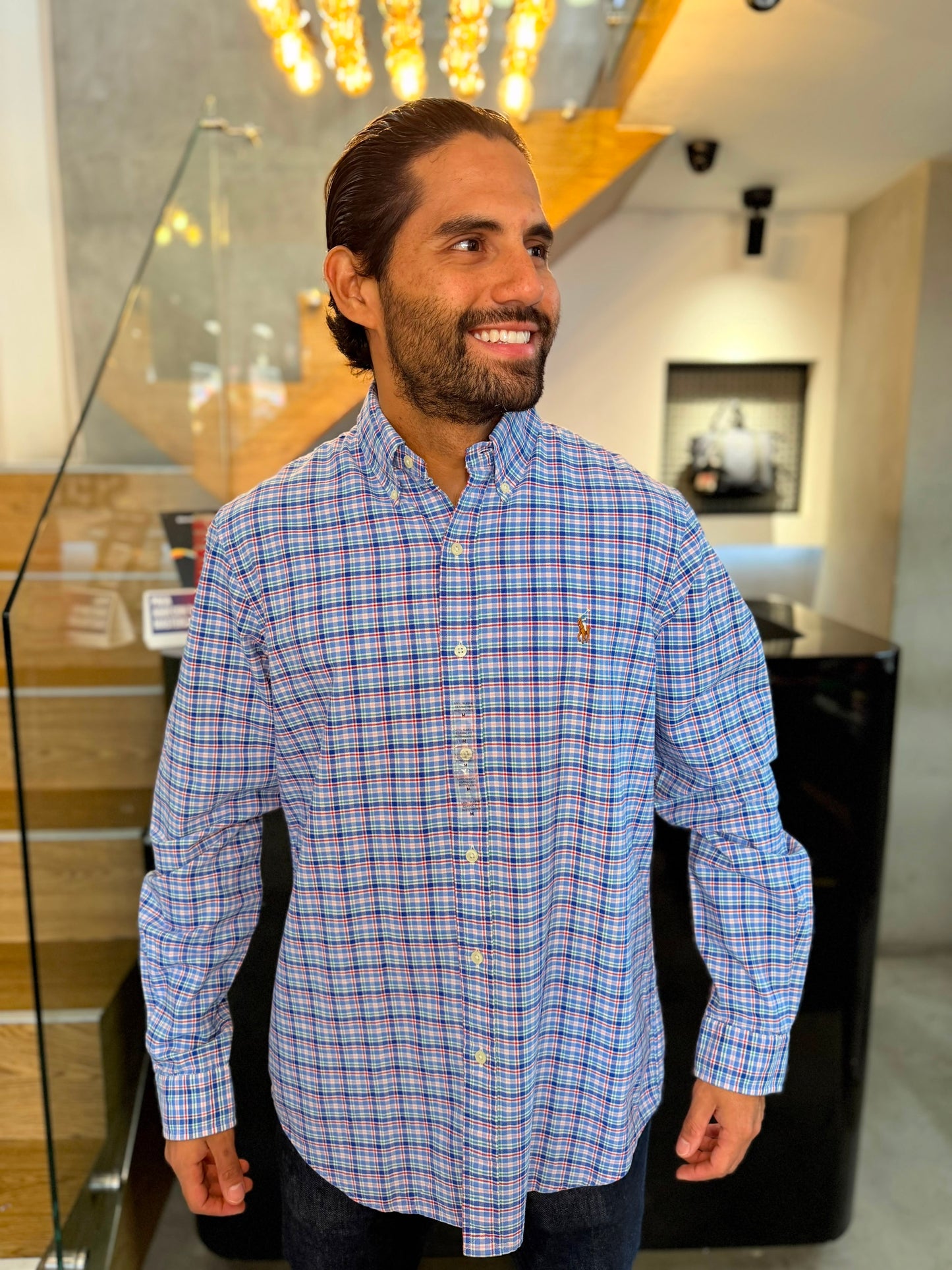 Camisa Polo R.L hombre Oxford Cuadros Azules Con Rojo Caballo Multicolor