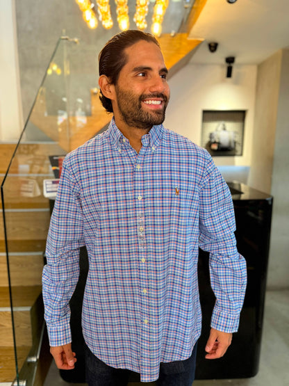 Camisa Polo R.L hombre Oxford Cuadros Azules Con Rojo Caballo Multicolor