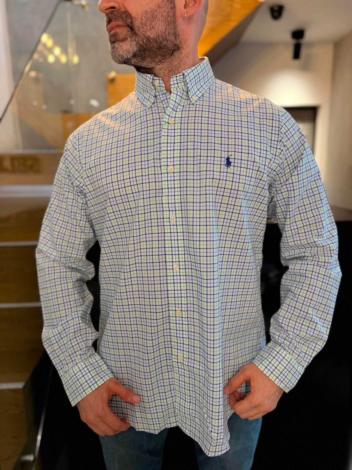 Camisa Polo R.L hombre Algodón Cuadros Blancos Con Verde Caballo Azul