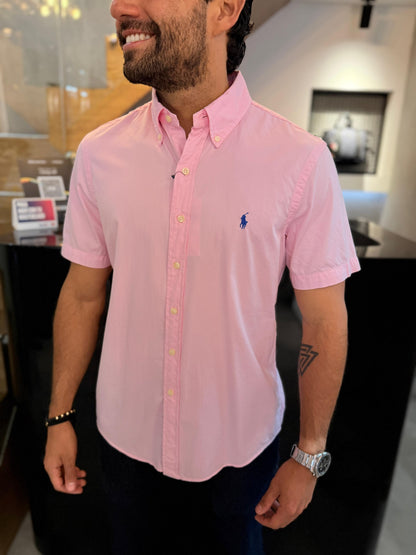 Camisa Polo R.L hombre Manga Corta Algodón Rosada Caballo Azul