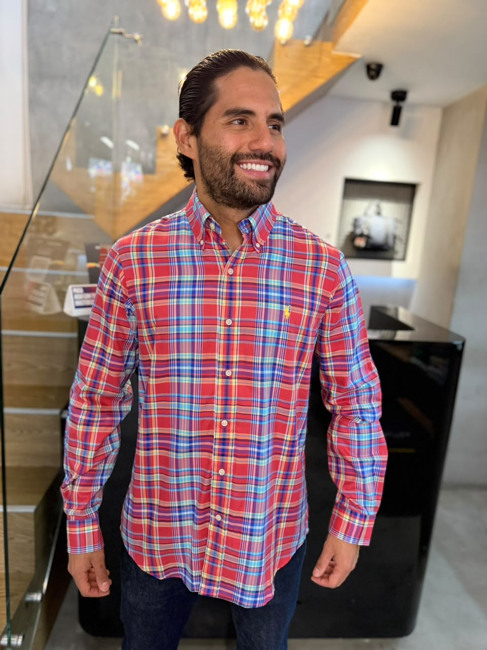 Camisa Polo R.L hombre Algodón Cuadros Coral Caballo Amarilla