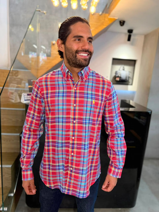 Camisa Polo R.L hombre Algodón Cuadros Coral Caballo Amarilla