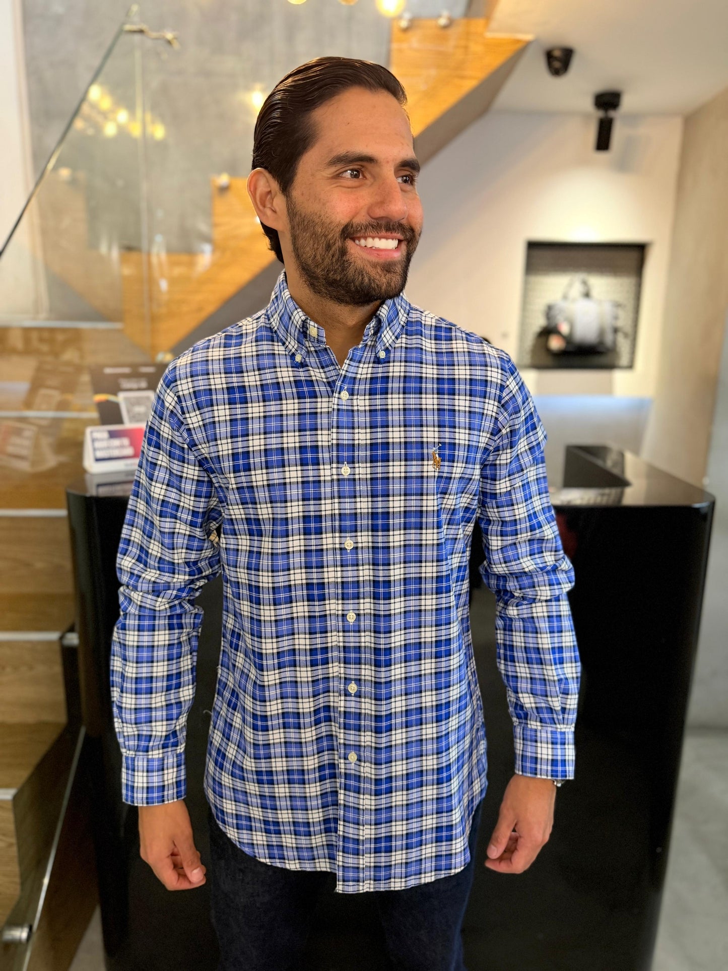 Camisa Polo R.L hombre Oxford Cuadros Azules Caballo Multicolor
