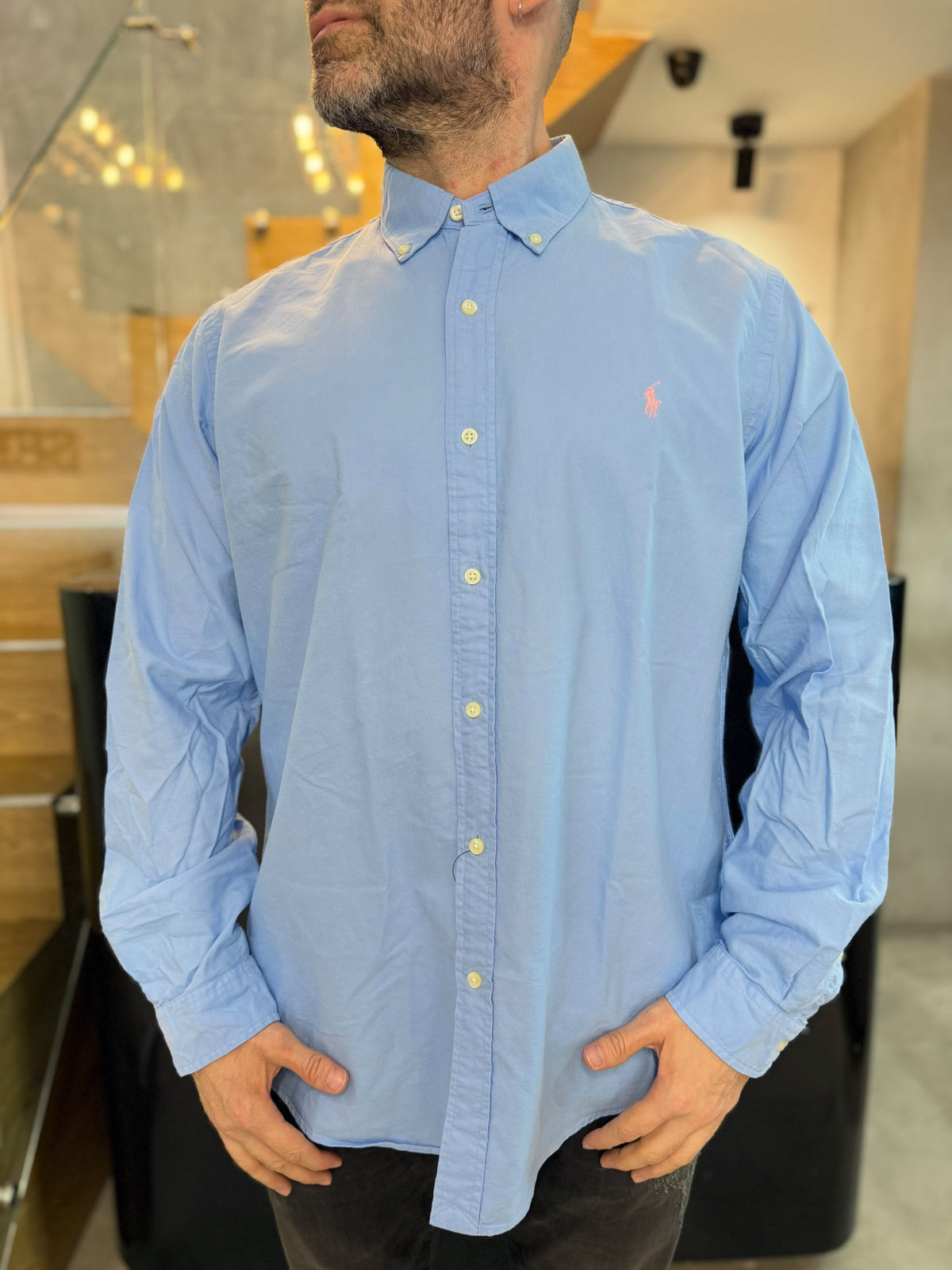 Camisa Polo R.L hombre Oxford Azul Cielo Caballo Rosado