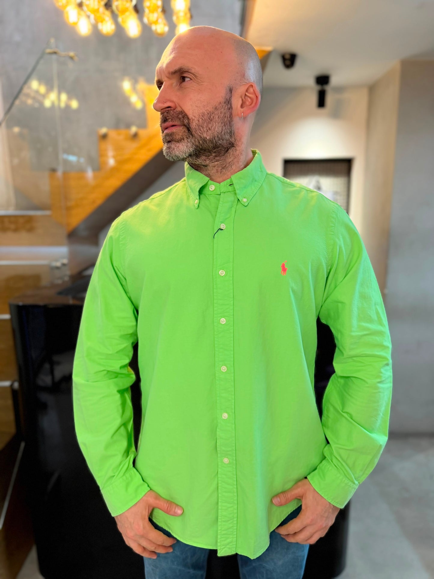 Camisa Polo R.L hombre Oxford Verde Limón Caballo Rosa Neon