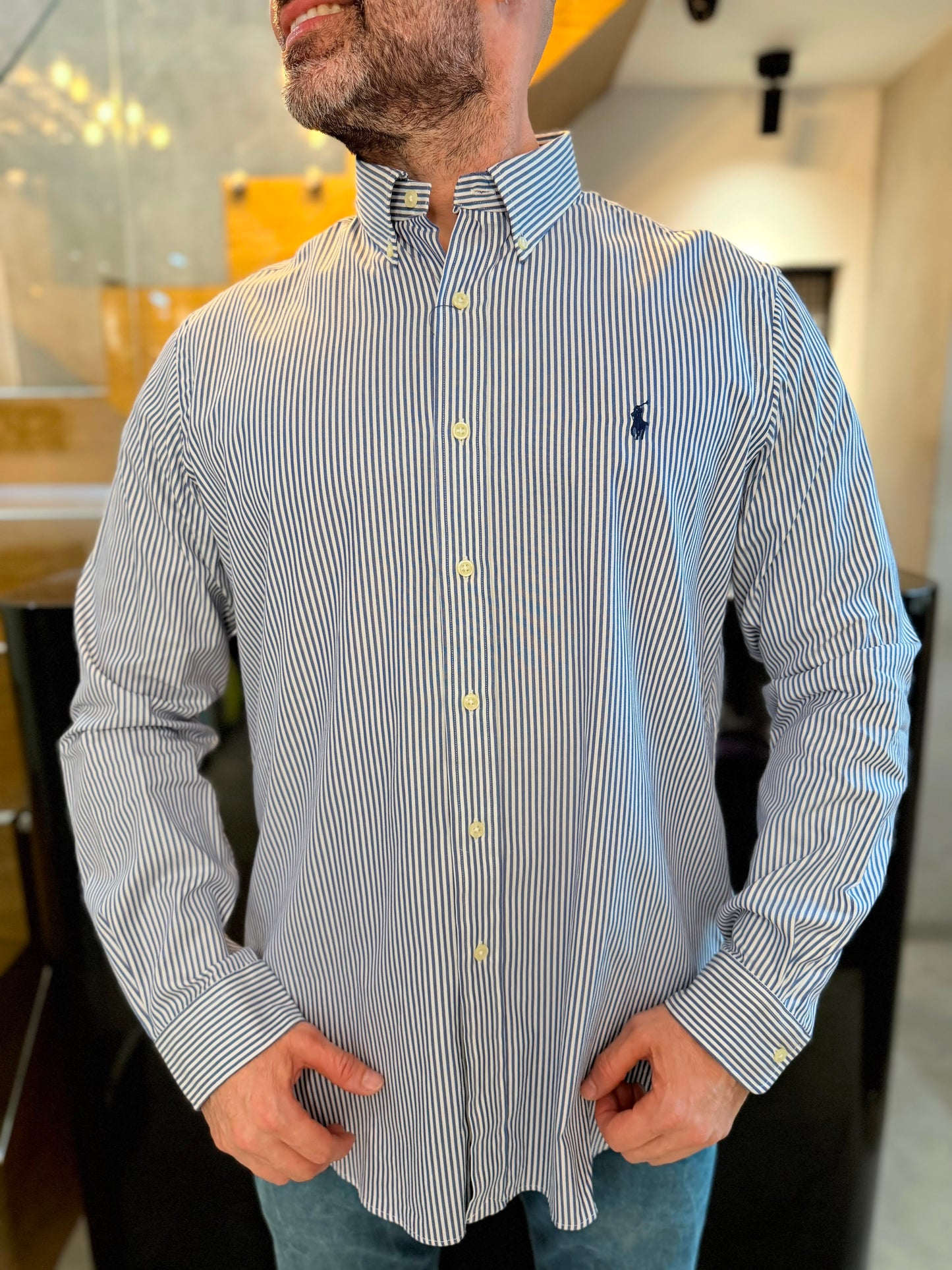 Camisa Polo R.L hombre Algodón Rayas Azules Con Blanco Caballo Azul