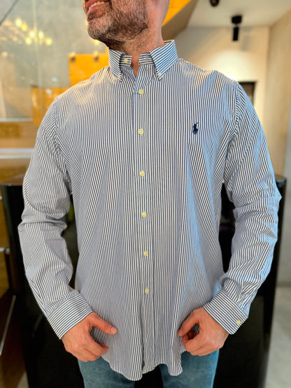 Camisa Polo R.L hombre Algodón Rayas Azules Con Blanco Caballo Azul