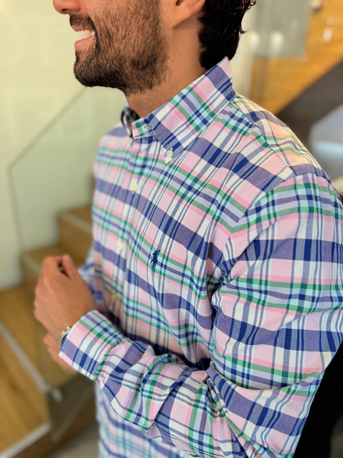 Camisa Polo R.L hombre Oxford Cuadros Rosados Con Azul Caballo Azul